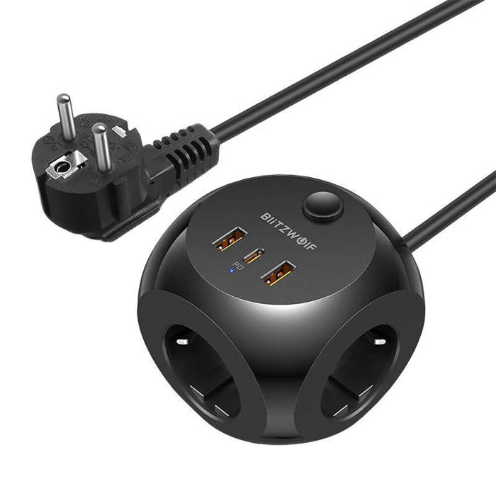 Power charger Blitzwolf with 3 AC outlets,  BW-PC1, 2x USB, 1x USB-C (black)