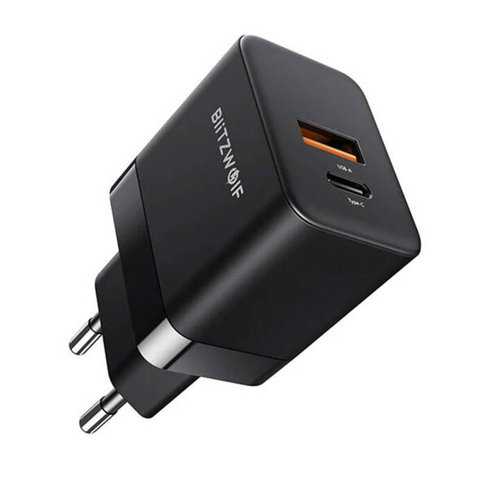 "Ładowarka sieciowa Blitzwolf BW-S21 GaN 35W, USB + USB-C (czarna)"